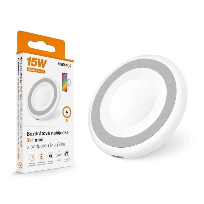 Aligator AMS08WT - Caricabatterie wireless MagSafe 3-in-1 15W bianco