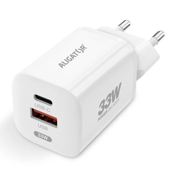 Aligator CHPD0020 - Adattatore di ricarica rapida GaN Power Delivery 33W USB-A + USB-C, bianco