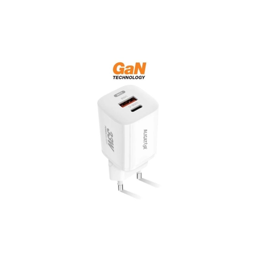 Aligator CHPD0020 - Adattatore di ricarica rapida GaN Power Delivery 33W USB-A + USB-C, bianco