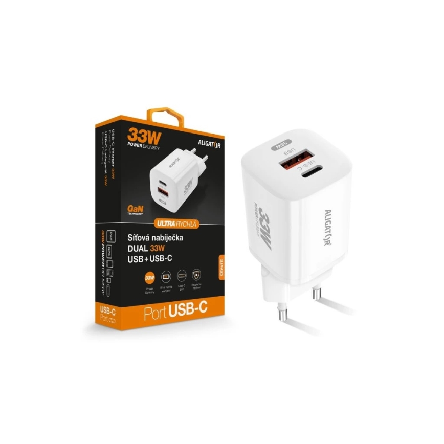 Aligator CHPD0020 - Adattatore di ricarica rapida GaN Power Delivery 33W USB-A + USB-C, bianco