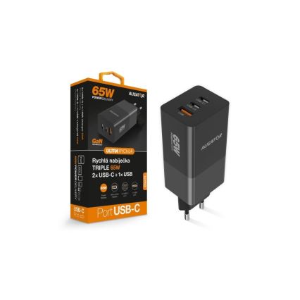 Aligator CHPD0027 - Adattatore di ricarica rapida GaN Power Delivery 65W 2xUSB-C + USB-A nero