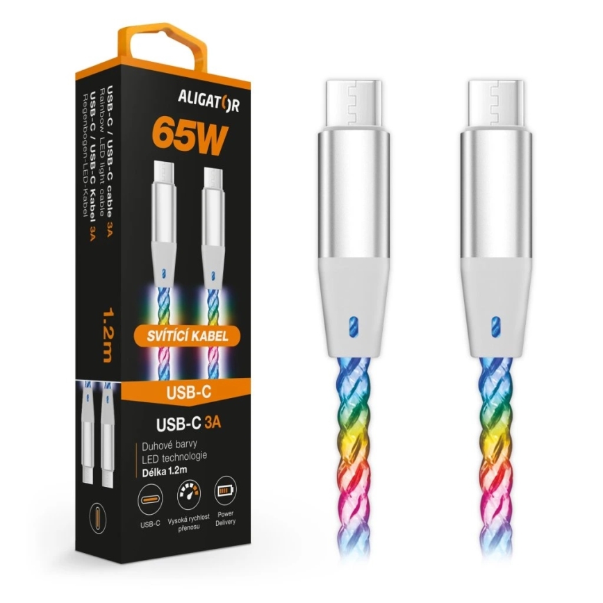Aligator DATKP62 - Cavo da USB-C a USB-C con illuminazione LED, alimentazione da 65 W, 1,2 m