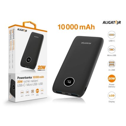Aligator PBPD10BK - Power Bank da 10.000 mAh con display LCD, Power Delivery 20 W / 3,7 V, nero