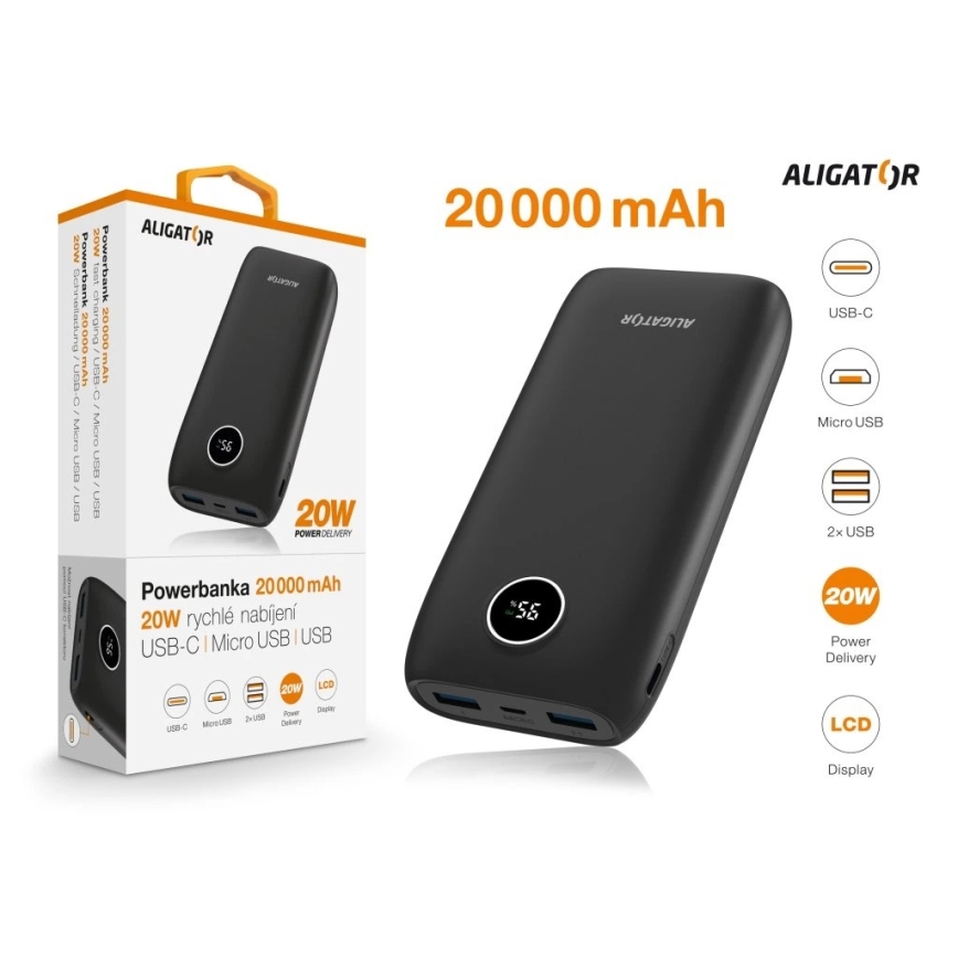 Aligator PBPD20BK - 20,000 mAh Power Bank con LCD Display, 20W Power Delivery, 3.7V, Black