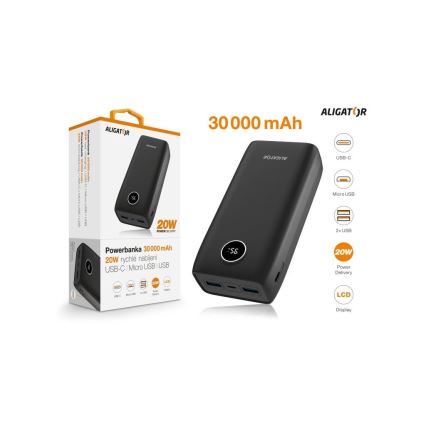 Aligator PBPD30BK - Power Bank con LCD Display, Power Delivery, 30,000 mAh / 20 W / 3.7 V, Black