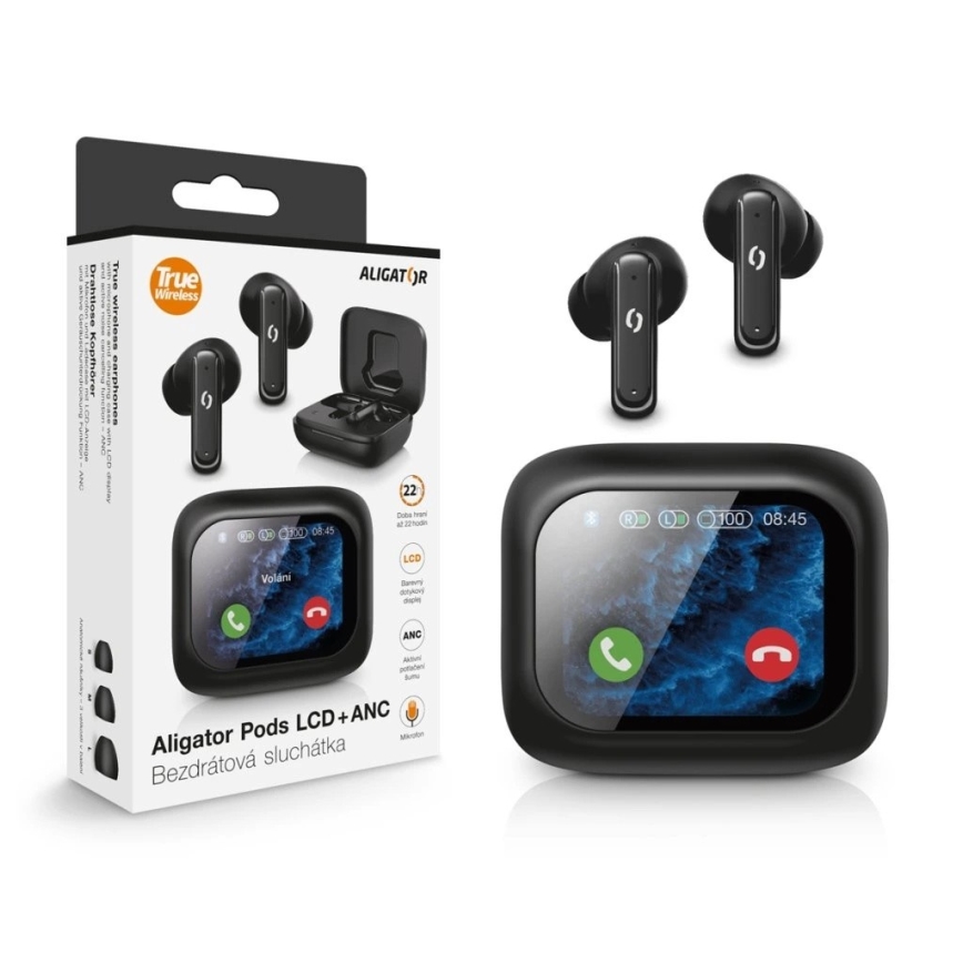 Aligator TWS07 - Auricolari wireless Pods con display LCD e ANC, custodia 400 mAh + 2 x 40 mAh, IP30, nero