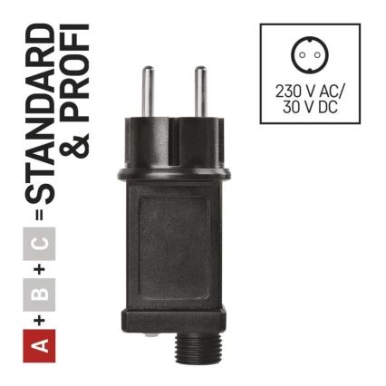 Alimentatore per catene luminose natalizie 230V, IP44 — sicuro e resistente alle intemperie