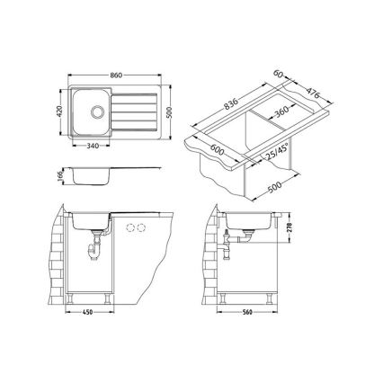 ALVEUS 1065560 - Lavello da cucina LINE 86 x 50 cm in acciaio inox, finitura satinata