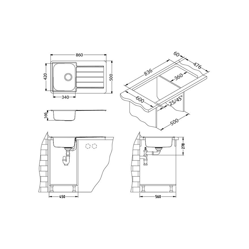 ALVEUS 1065560 - Lavello da cucina LINE 86 x 50 cm in acciaio inox, finitura satinata