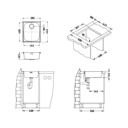 ALVEUS 1082195 - Lavello da cucina BASIC 44x38 cm in acciaio inox satinato, scarico maggiorato