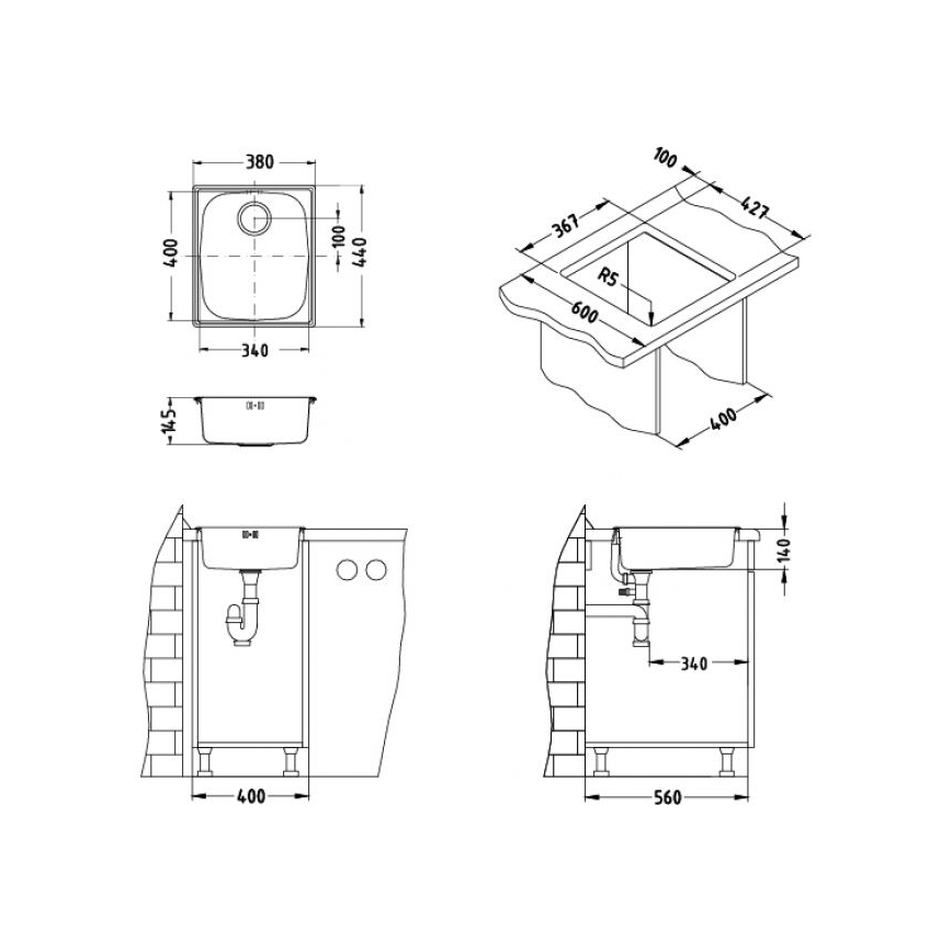 ALVEUS 1082195 - Lavello da cucina BASIC 44x38 cm in acciaio inox satinato, scarico maggiorato