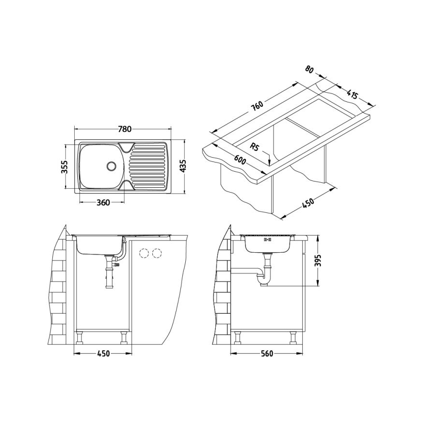 ALVEUS 1136534 - Lavello da cucina BASIC 78x43,5 cm, acciaio opaco/satinato, scarico piccolo