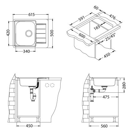 ALVEUS 1144603 - Lavello da cucina LINE 61,5x50 cm acciaio inox/satinato, senza comando eccentrico