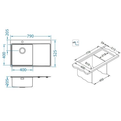 ALVEUS 1149516 - Lavello da cucina PURE 79x52,5 cm satinato, vasca a destra + sifone con chiusura rapida