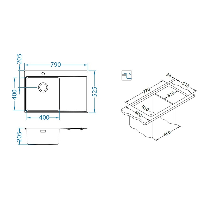 ALVEUS 1149516 - Lavello da cucina PURE 79x52,5 cm satinato, vasca a destra + sifone con chiusura rapida