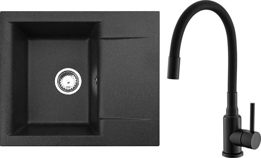 ALVEUS SETA23197 - Lavello da cucina CADIT 59x50 cm + rubinetto da cucina con braccio flessibile MINTAS 34 cm granito/nero opaco