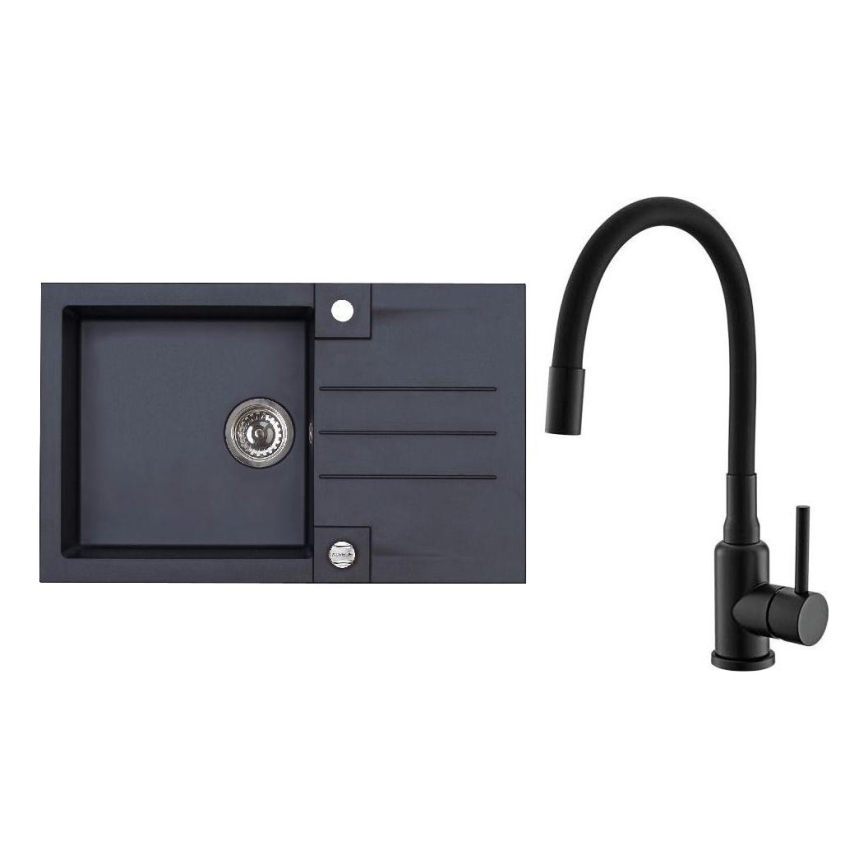 ALVEUS SETA23201 - Lavello da cucina ROCK 78x48 cm + miscelatore da cucina con canna flessibile MINTAS 34 cm granito/nero opaco