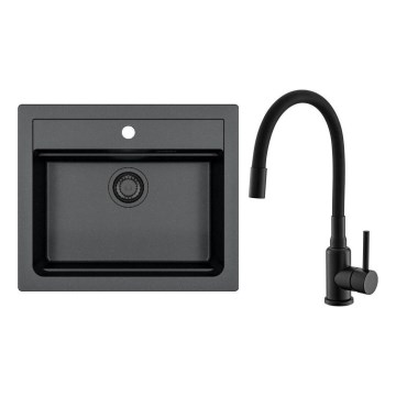 ALVEUS SETA23228 - Lavello da cucina ATROX 59x50 cm + rubinetto da cucina con braccio flessibile MINTAS 34 cm granito/nero opaco