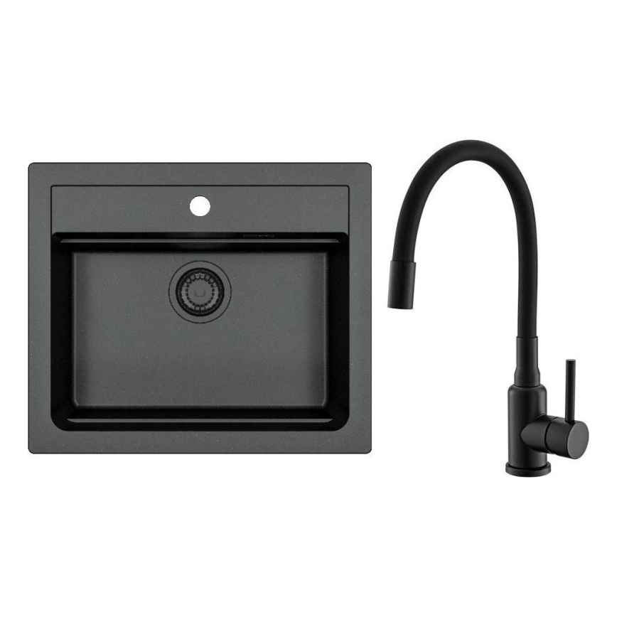 ALVEUS SETA23228 - Lavello da cucina ATROX 59x50 cm + rubinetto da cucina con braccio flessibile MINTAS 34 cm granito/nero opaco