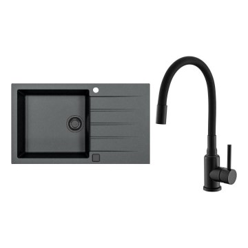 ALVEUS SETA23232 - Lavello da cucina CADIT 86x50 cm + rubinetto con braccio flessibile MINTAS 34 cm granito/nero opaco