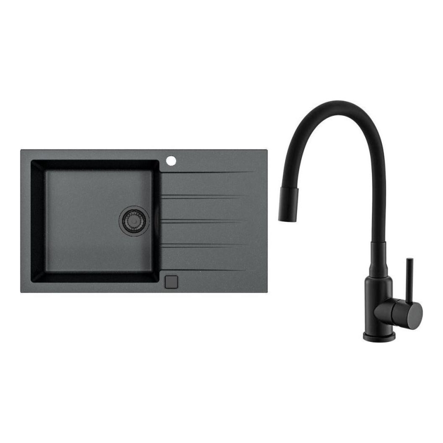 ALVEUS SETA23232 - Lavello da cucina CADIT 86x50 cm + rubinetto con braccio flessibile MINTAS 34 cm granito/nero opaco