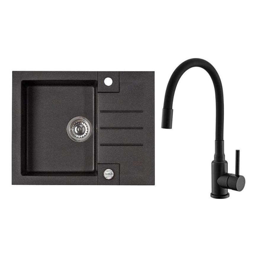 ALVEUS SETA23236 - Lavello da cucina ROCK 59,5x47,5 cm + miscelatore per lavello con collo flessibile MINTAS 34 cm granito/nero opaco