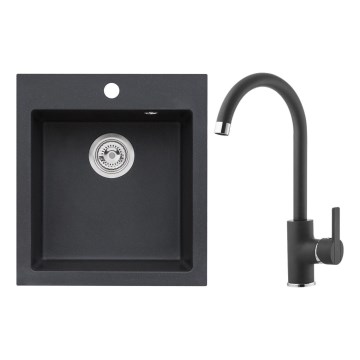 ALVEUS SETA737 - Lavello da cucina CORTINA 50x45 cm + rubinetto con braccio flessibile TONIA 29,5 cm granito/nero opaco