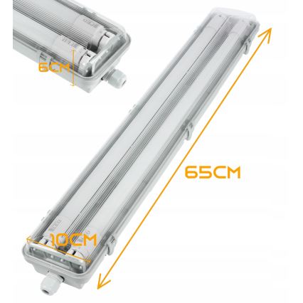 Apparecchio fluorescente tecnico LED T8, 2x G13, 10W, 230V, 6000K, 60 cm, IP65, bianco