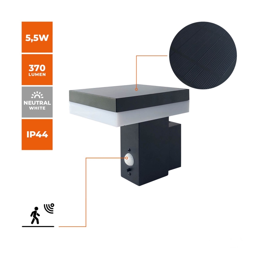Applique a LED solare con sensore SOLARIS2 LED/5,5W/3,7V 4000K IP44 2600 mAh