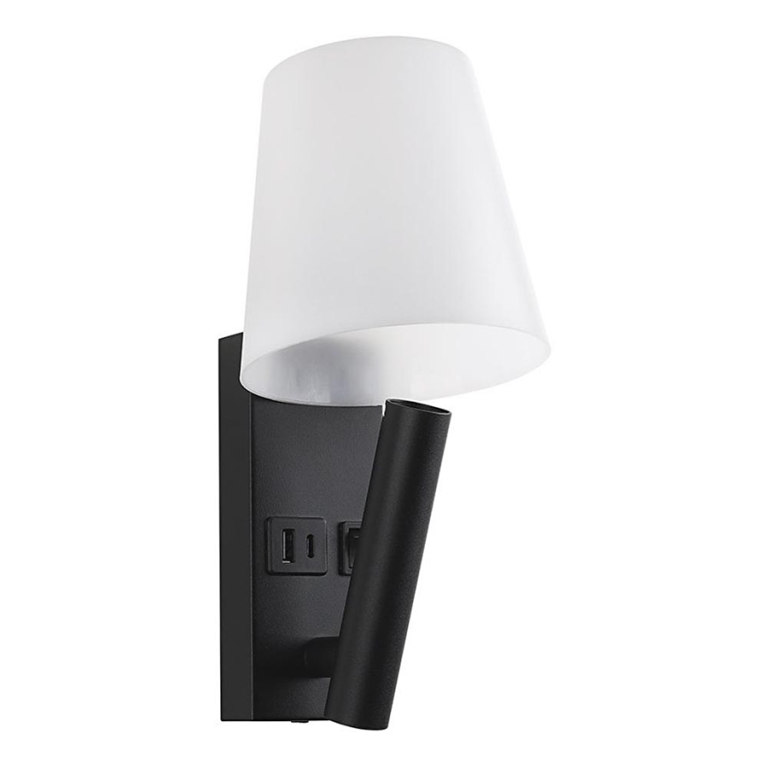 Applique LED da parete con porta USB, 2W, 230V, 3000K, nero/bianco