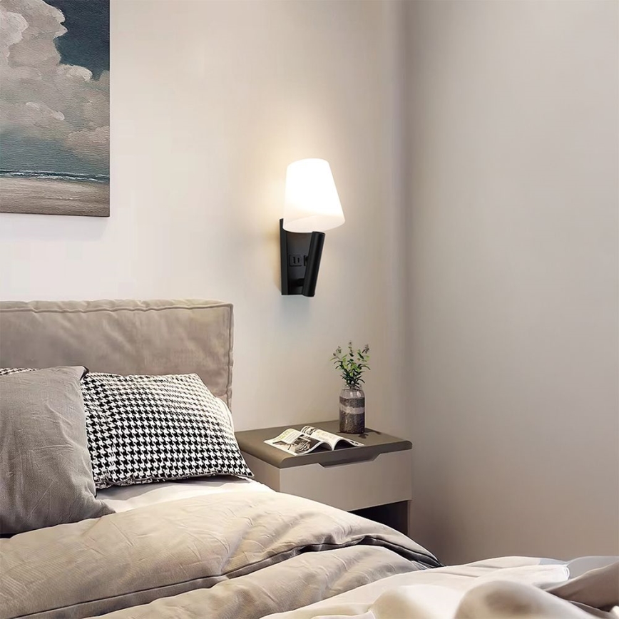 Applique LED da parete con porta USB, 2W, 230V, 3000K, nero/bianco