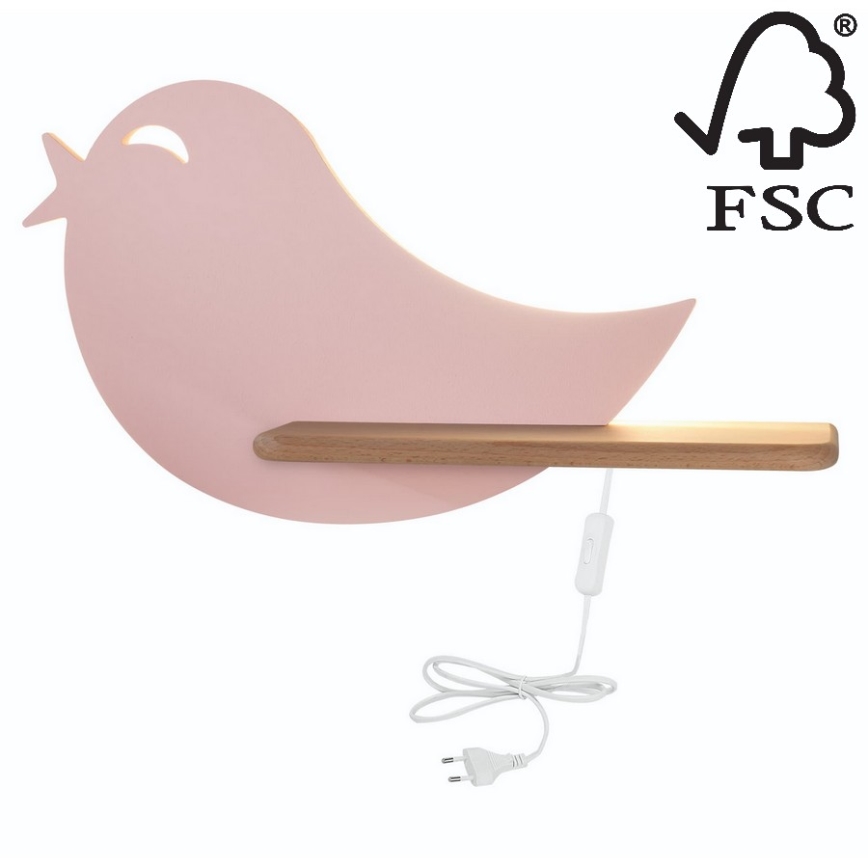 Applique LED per bambini con mensola BIRD LED/5W/230V rosa/legno