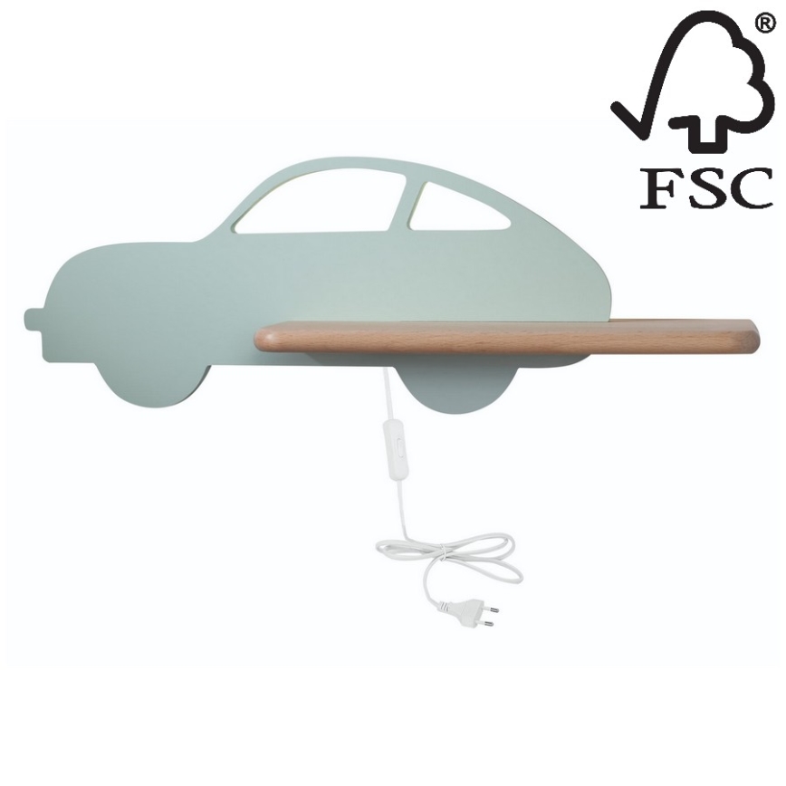 Applique LED per bambini con mensola CAR LED/5W/230V verde/legno