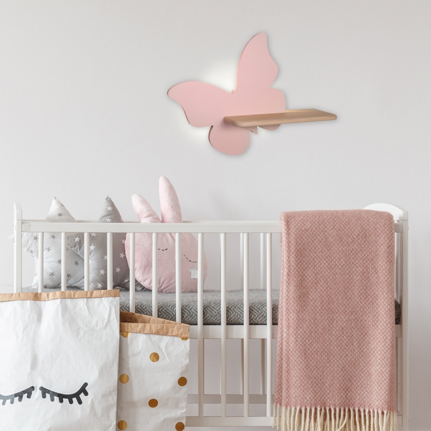 Applique LED per bambini con mensola FARFALLA LED/5W/230V rosa/legno