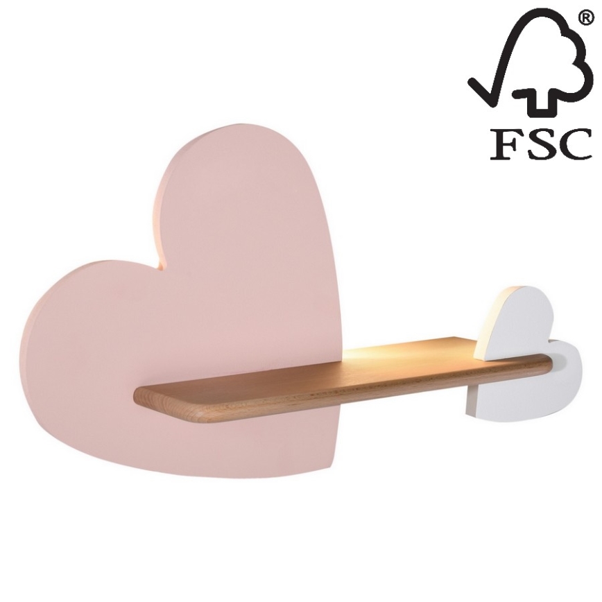 Applique LED per bambini con mensola HEART LED/5W/230V rosa/bianco/legno