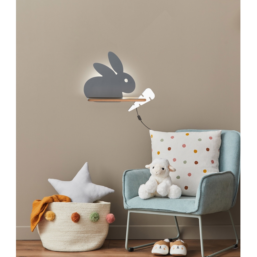 Applique LED per bambini con mensola RABBIT LED/4W/230V grigio/bianco/legno