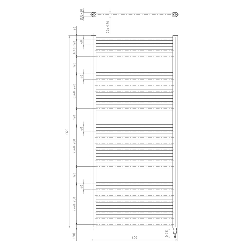Aqualine - Radiatore elettrico da bagnoDIRECT-E 600W/230V 132 cm opaco nero dritto