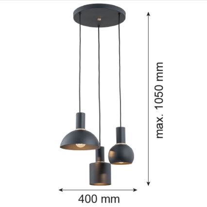 Argon 1472 - Lampadario a sospensione con filo SINES 3xE27/15W/230V nero