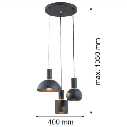 Argon 1472 - Lampadario a sospensione con filo SINES 3xE27/15W/230V nero