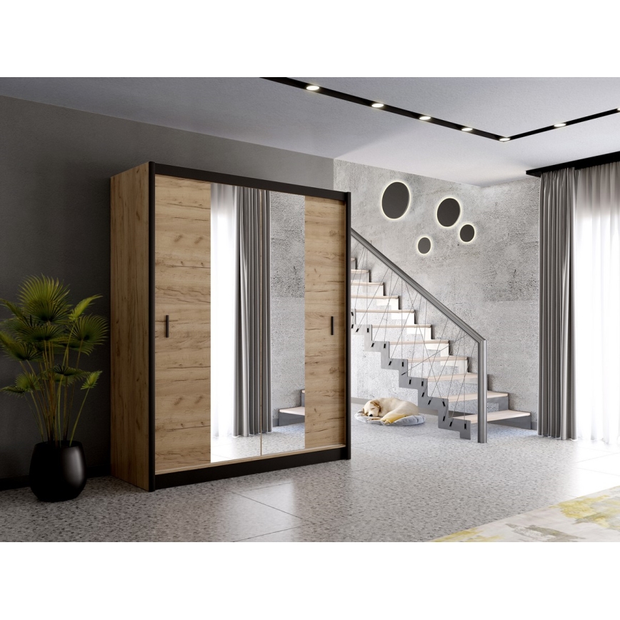 Armadio con specchio MIRO 203x215 cm quercia craft/nero