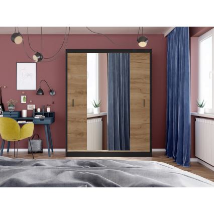 Armadio con specchio MIRO 203x215 cm quercia craft/nero