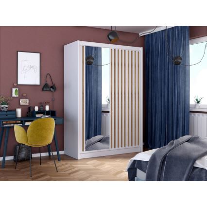 Armadio con specchio SANTINO 150x215 cm bianco/quercia craft