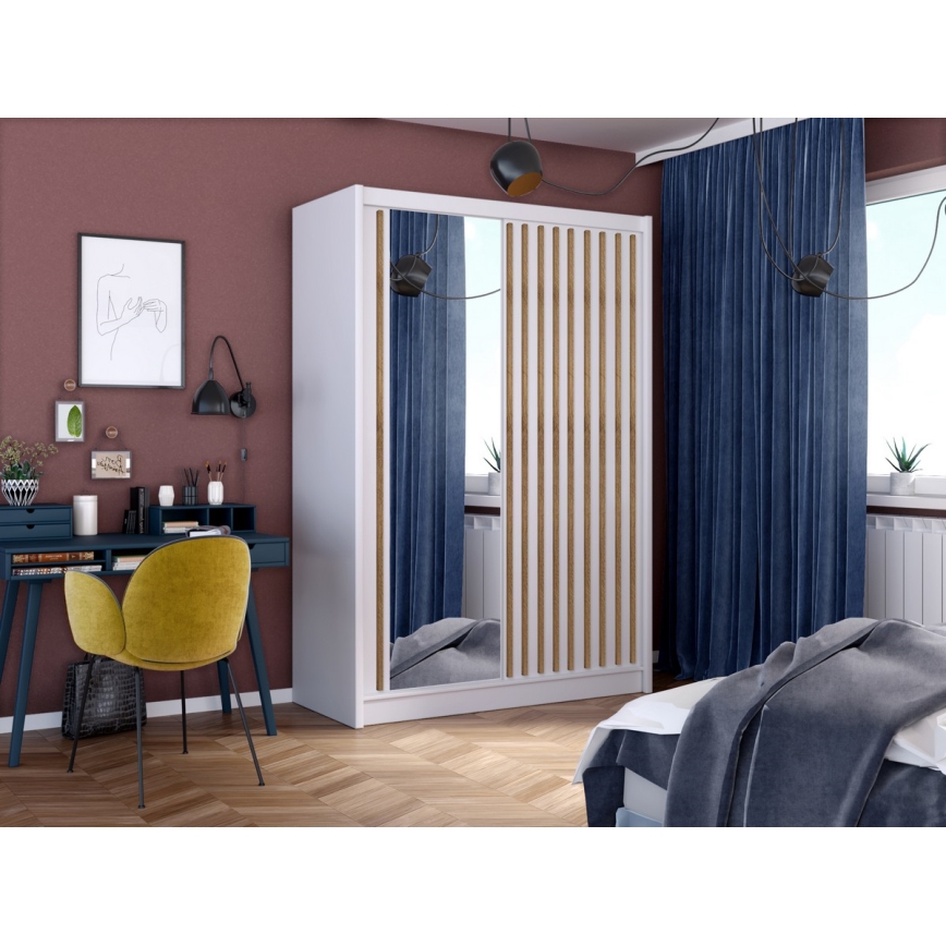 Armadio con specchio SANTINO 150x215 cm bianco/quercia craft