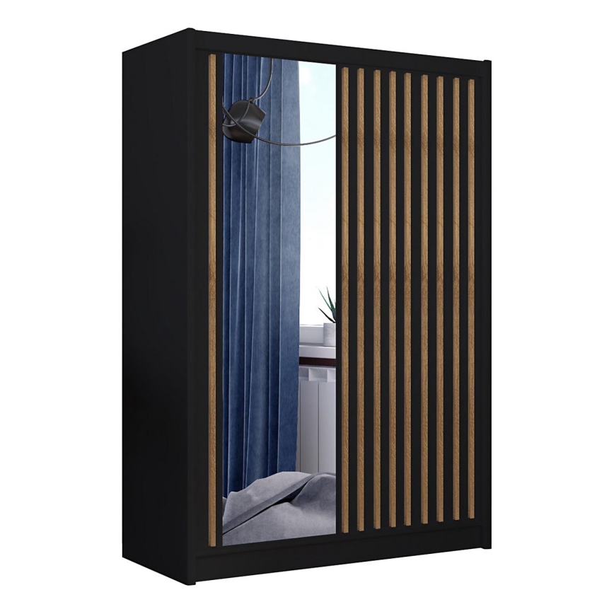Armadio con specchio SANTINO 150x215 cm nero/quercia craft