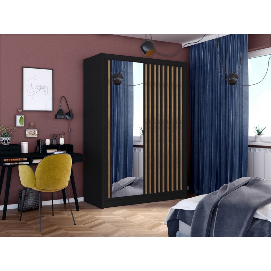 Armadio con specchio SANTINO 150x215 cm nero/quercia craft