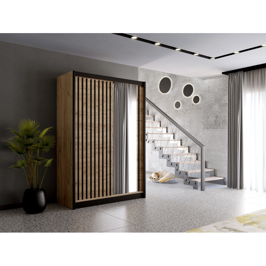 Armadio con specchio SANTINO 150x215 cm quercia craft/nero