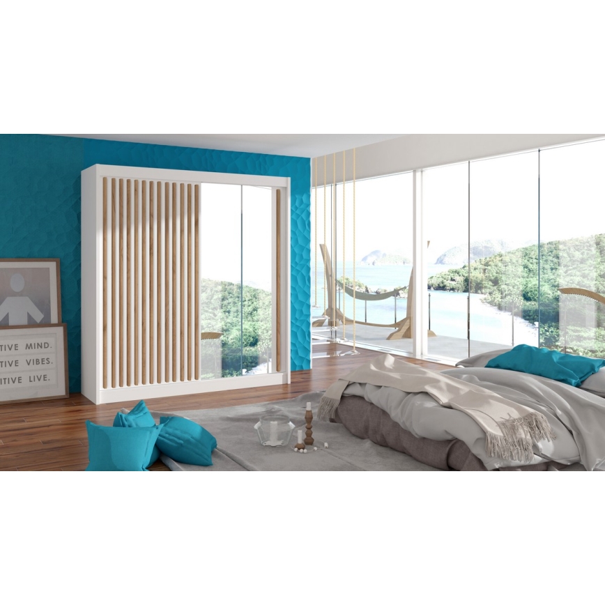 Armadio con specchio SANTINO 203x215 cm bianco/quercia craft