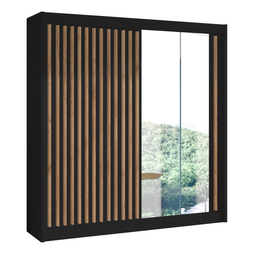 Armadio con specchio SANTINO 203x215 cm nero/quercia craft