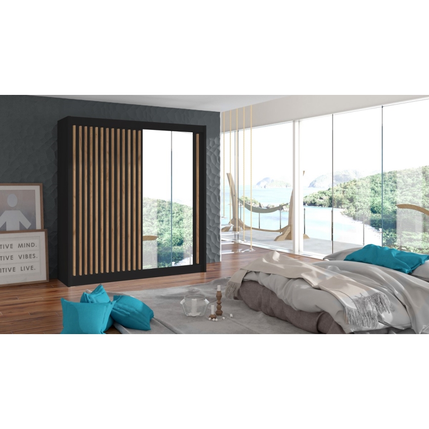 Armadio con specchio SANTINO 203x215 cm nero/quercia craft