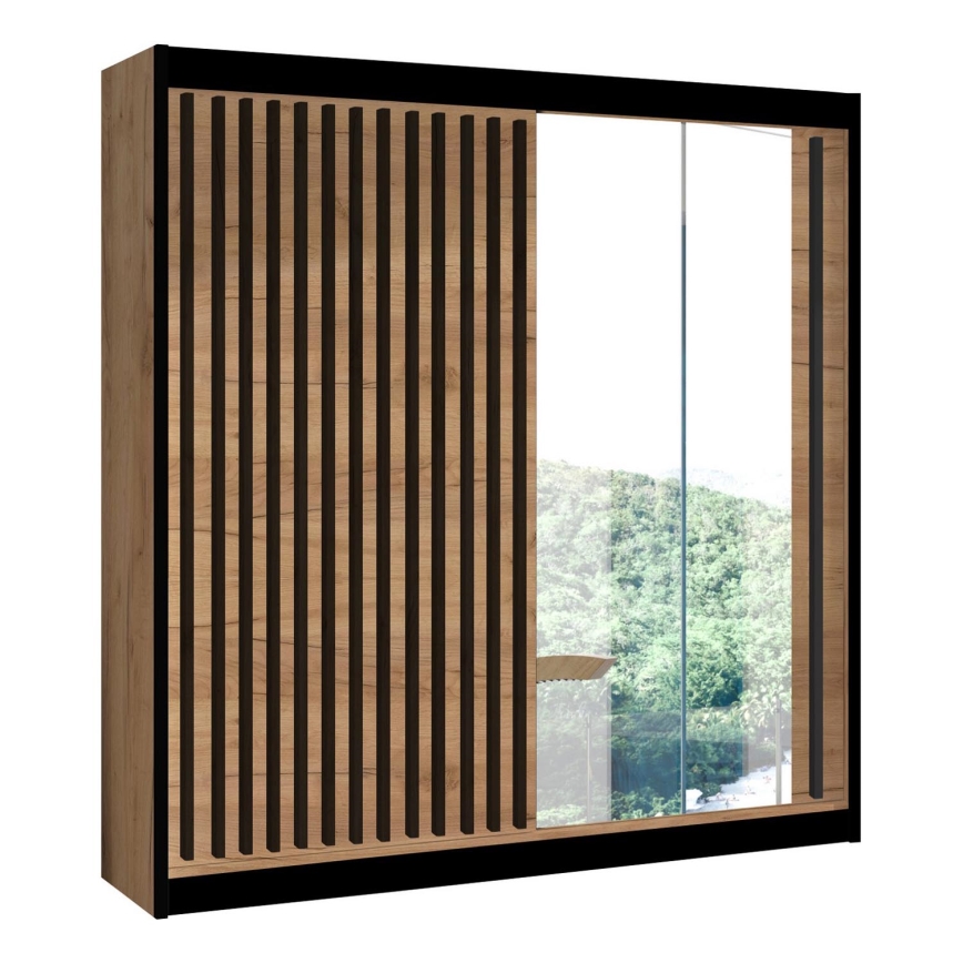 Armadio con specchio SANTINO 203x215 cm quercia craft/nero